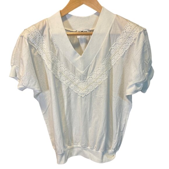 Vintage 90s Tiger White Lace Trim V Neck Top Sz L Banded Hem Sleeve Cuffs - Picture 1 of 8